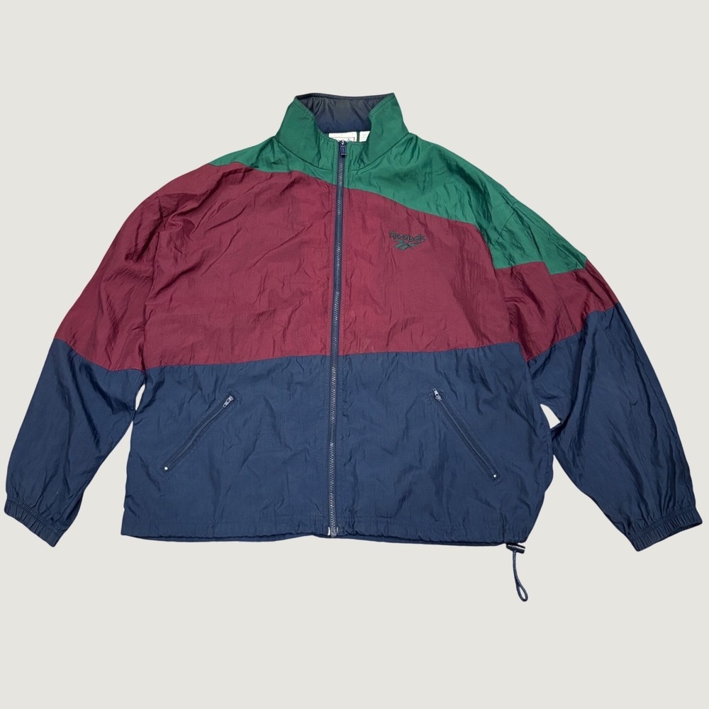 VTG 90s Reebok Colorblock Windbreaker Jacket Green Burgundy Navy Blue Gorpcore L